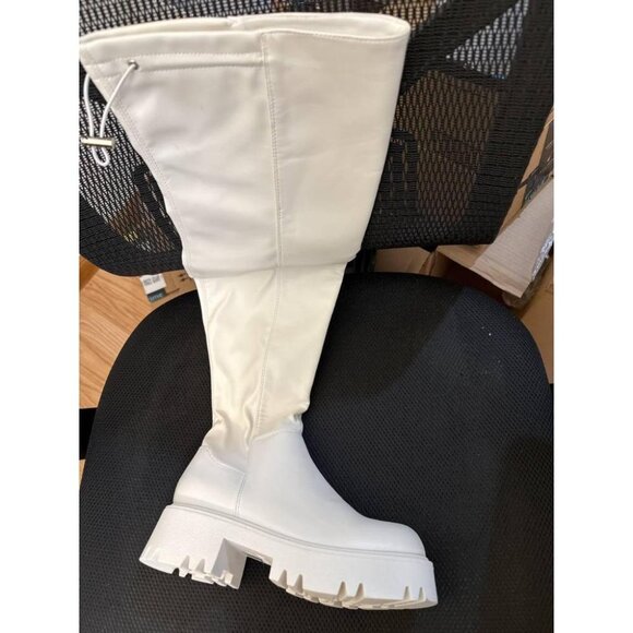 🆕Women's White-pu Faux Leather Over The Knee Lug Sole Round Toe Thigh High Boot - Picture 2 of 11
